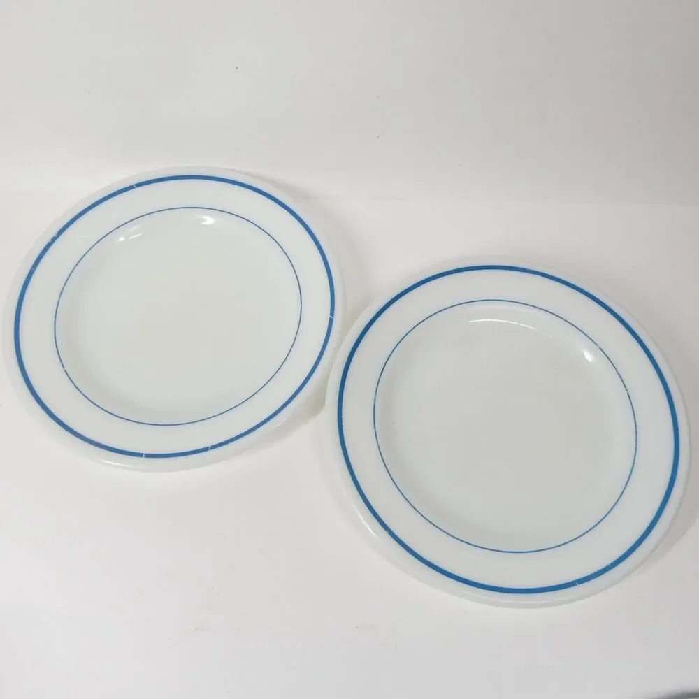 2 Pyrex Teal Blue Stripe Band Plates 8.75